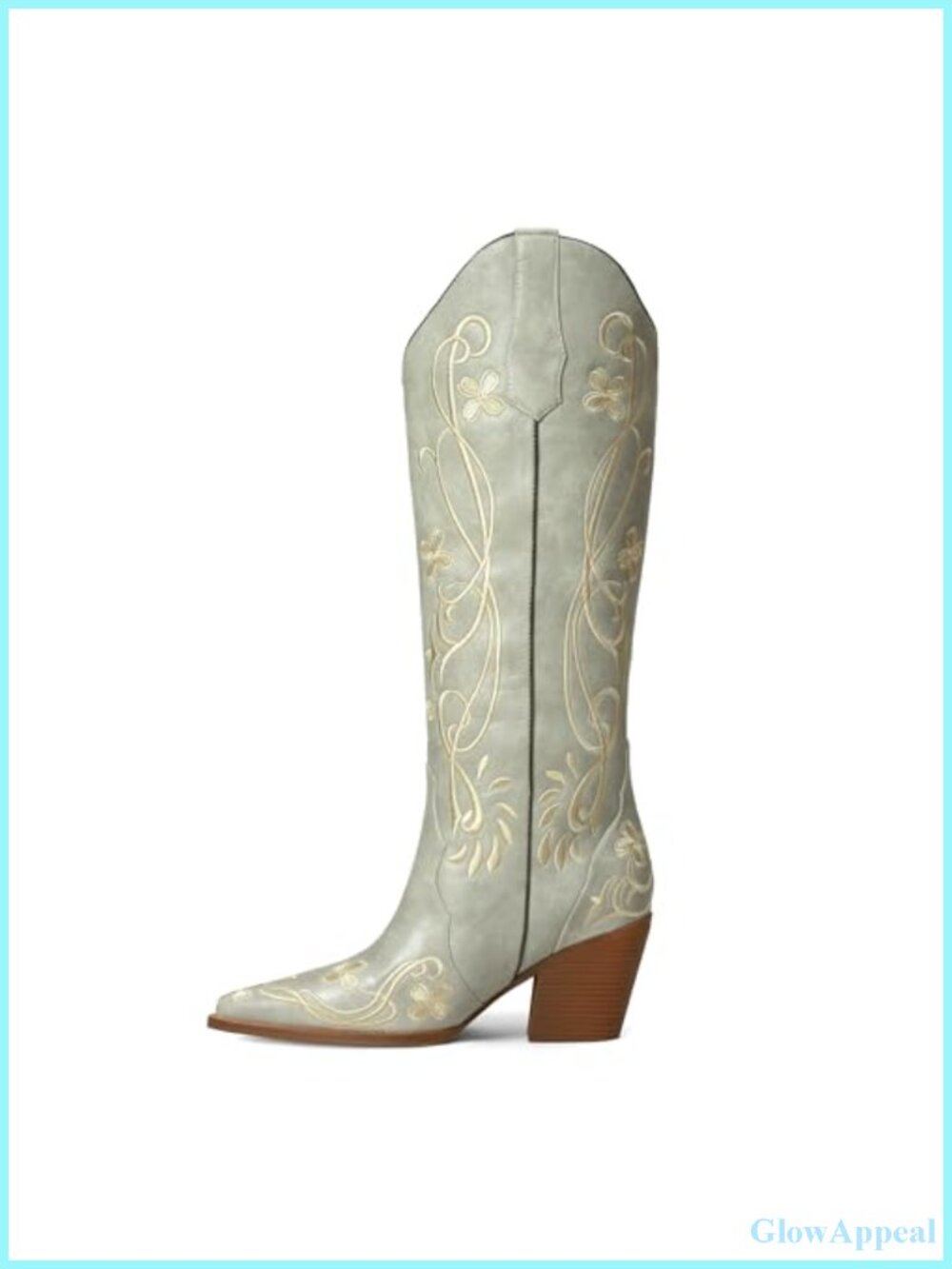 Knee High Cowboy Boots Faux Leather Western Women's Floral Embroidered